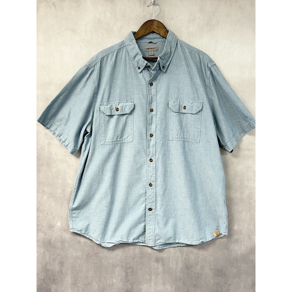Carhartt Mens Button Down Shirt Size 2XL Chambray Short Sleeve Relaxed Fit Work